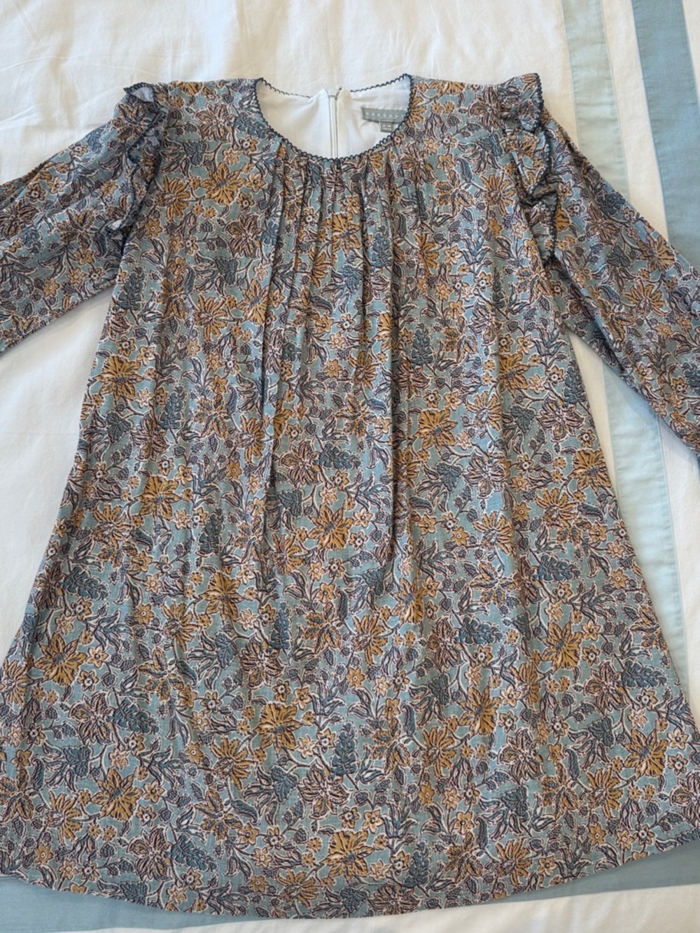 Girls Floral Long-Sleeve Casual Dress in Blue & Mustard